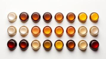 AI generated Multiple beer caps displaying different beer shades arranged in rows. On a white background. Top view. Concept of brewery, beer tasting, craft beer, alcohol variety, collecting photo