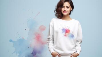 AI generated Young woman in white sweatshirt with abstract watercolor print, light blue backdrop with colorful ink splash. Copy space. Concept of fashionable streetwear, watercolor art, youthful photo