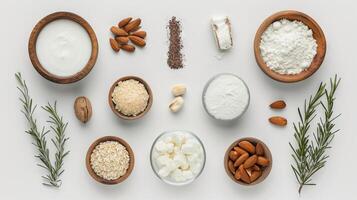 AI generated Top view of organic products, nuts, grains, dairy products, whey, cocoa butter, coconut flour, greens on a white background. Flat Lay. photo