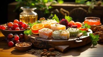 AI generated Eastern sweets made with organic ingredients, presented on a wooden table with natural light, emphasizing a healthy and eco-friendly vibe photo