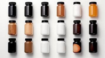 AI generated An orderly arrangement of skincare bottles with a variety of contents visible. White background. Concept of cosmetic packaging, product design, color contrast, beauty collection photo