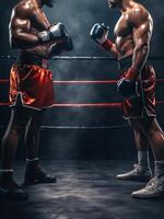 AI generated Opposing fighters in boxing gear, concentrated and ready to spar. Concept of competition, athletic challenge photo