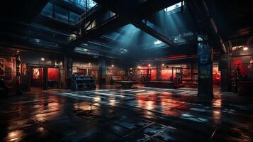 AI generated Dark atmospheric gym with red neon lights and glossy floor. Concept of gym, urban sports facility, moody lighting, and indoor athletics. Boxing gym. photo