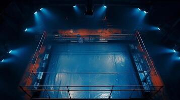 AI generated Boxing ring illuminated by blue lights with a hazy atmosphere. Concept of boxing, sports ring, sports events, competition, combat sports. photo