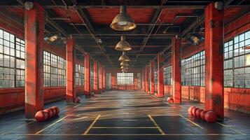 AI generated Large area with red columns, window panes, overhead lighting, and distinct floor markings. Suitable for storage or fitness activities. Concept of Storage Space, Fitness Center, Film Set. photo