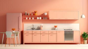 AI generated Minimalist modern kitchen design in a fashionable trendy color Peach. Ideal for home decor, real estate listings, interior design inspiration photo