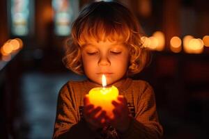 AI generated Kid holding lit candle with awe in eyes, in a church setting. Light casting a soft glow on his face. Suitable for Easter festive celebrations, religious event programs, spiritual blogs photo