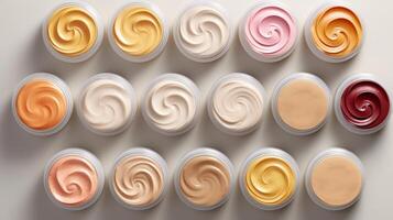 AI generated Top view of open cosmetic jars, facial creams, with a range of colors, in rows, on light background. Concept of cosmetics assortment, skincare, facial creams, and beauty product display photo