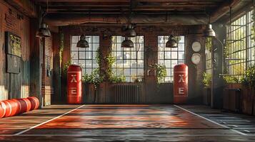 AI generated Stylish boxing studio with vintage brick architecture and red heavy bags. Concept of urban fitness studio, boxing workout space, industrial gym design, and rustic sports environment. photo