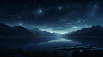 ai generado noche paisaje con lago, montañas y estrellado cielo con disparo estrellas. concepto de naturaleza, tranquilidad, calma, y astronomía foto