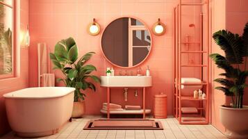 AI generated Minimalist modern bathroom design in a fashionable trendy color Peach. Great for bathroom design features, home renovation articles, and spa advertisements photo