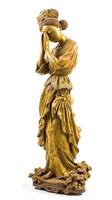 AI generated Shiny golden female figure sculpture on a white backdrop. Concept of classical art, luxury decor, sculpture, golden statue, artistry, elegance. Vertical format photo