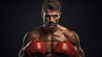 AI generated Serious male boxer in a red boxing gloves ready for a match. Concept of strength, determination, and readiness for competition in boxing. photo