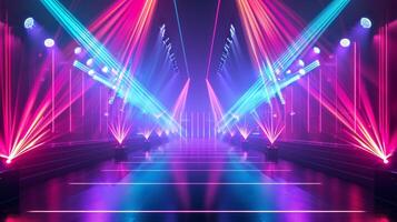 ai generado vibrante moderno futurista concierto etapa con dinámica neón púrpura azul rojo iluminación. moderno noche club. concepto de virtual realidad eventos, futurista conciertos, y alto tecnología foto