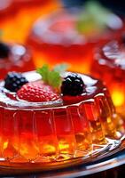 AI generated Fruit jelly garnished with berries. Sweet fruit dessert. For use in Catering display, dessert menu, food blogging, culinary presentations. Vertical format. photo