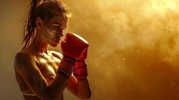 AI generated Female boxer with a determined stare, red boxing gloves on. With copy space. Concept of boxing, strength, female empowerment in sports, and athletic focus. photo