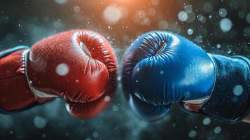 AI generated Impact moment between red and blue boxing gloves, dynamic moment. Concept of competition, opposing forces, and the dynamic nature of boxing photo