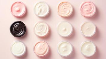 AI generated Variety of organic cosmetic creams for skin care in open jars on pink background. Top view. Concept of skincare variety, cosmetics assortment, and beauty product display photo