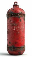 AI generated Vintage red fire extinguisher with peeling paint isolated on white. Concept of vintage safety equipment, firefighting gear, emergency apparatus, and distressed object. photo