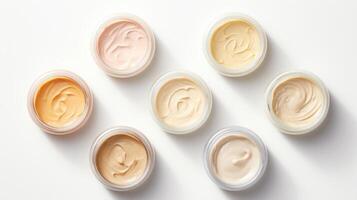 AI generated Variety of organic cosmetic creams for skin care in open jars on a white background. Top view. Concept of skincare variety, cosmetics assortment, and beauty product display photo