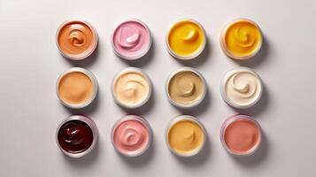 AI generated Top view of open cosmetic jars with a range of colors on light background. Concept of cosmetics assortment, skincare, facial creams, and beauty product display photo