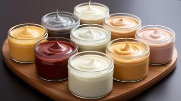 AI generated Open cosmetic jars with a range of colors on light background. Concept of cosmetics assortment, skincare, organic facial and body creams, and beauty product display photo
