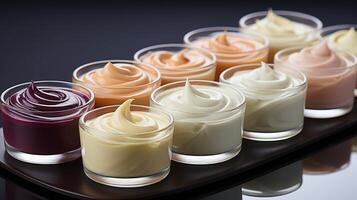 AI generated Organic open cosmetic jars with a range of colors on light background. Concept of cosmetics assortment, skincare, facial and body creams, and beauty product display photo