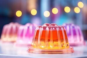 AI generated Orange jelly on a plate with bokeh lights in the background. Sweet fruit dessert. For use in food blogs, catering services, recipe books, dessert menus, festive food promotions photo