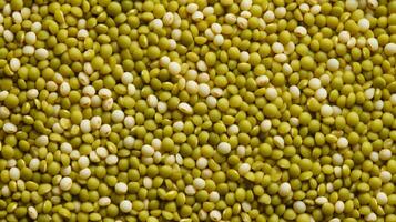 AI generated Top view of mung bean. Background texture of uncooked mung bean. Green Legumes. Superfood. Copy space. Banner. Perfect for culinary and food concepts photo