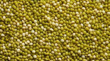 AI generated Top view of mung bean. Background texture of uncooked mung bean. Green Legumes. Superfood. Copy space. Banner. Perfect for culinary and food concepts photo