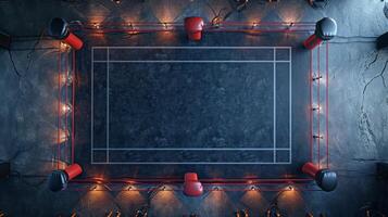 AI generated Aerial view of an empty boxing ring. Concept of sports arena, aerial view, boxing, competition, combat sports. photo