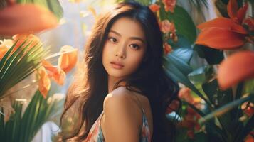 AI generated Asian Woman in floral dress among exotic plants. Vintage style. Tropical paradise. Suitable for cultural stories, spa promotions, and environmental portraits photo