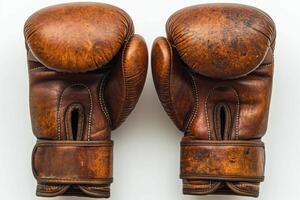 ai generado marrón cuero boxeo guantes aislado en blanco antecedentes. concepto de boxeo equipo, combate Deportes engranaje, formación accesorio, y desgastado atlético artículos foto