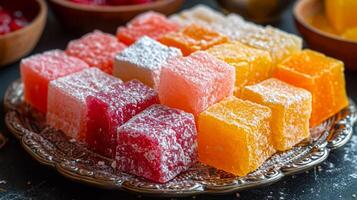 AI generated Variety of Turkish delight Rahat Lokum, neatly arranged on an ornate plate. Vivid colors, powdered sugar. Delicious oriental sweets photo