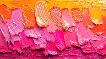 AI generated Textured strokes of bright peach, pink and yellow acrylic paint applied thickly on surface. Bright background. Concept of art, painting, color spectrum, texture photo