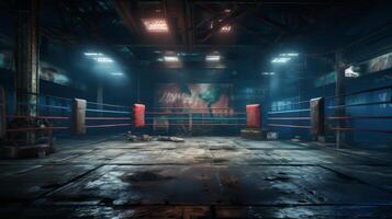 AI generated Boxing ring illuminated by blue lights with a hazy atmosphere. Concept of boxing, sports ring, sports events, competition, combat sports. photo