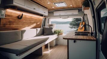 AI generated Interior of contemporary RV featuring and nature outside. Concept of mobile living, adventure travel, road trips, and nature-connected lifestyles photo