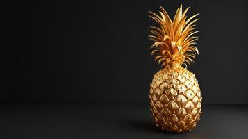 AI generated Golden pineapple made of gold against a dark background. Ideal for financial, success and high-value themed visuals. Jewelry fruit. Banner with copy space. photo