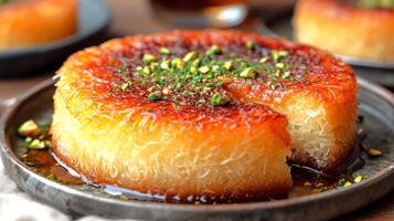 AI generated Kunafa, sweet dish of Arabic cuisine. Golden, crispy vermicelli-like pastry on top with melted cheese underneath, served on a plate with syrup and a sprinkle of pistachios. photo