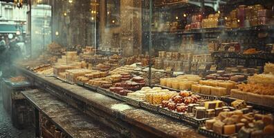 AI generated Traditional Eastern sweets in old-fashioned bazaar setting 20th-century. Vintage style with sepia tone. Concept of vintage candy store, nostalgic sweets assortment, antique shop ambiance photo