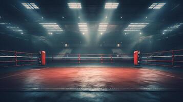 AI generated Illuminated boxing ring with blue and red corners under spotlights. Concept of sports, competition, boxing, combat sports, training Sessions. photo