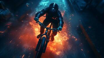 AI generated Nighttime bike ride with fiery sparks, rider in dark attire. Concept of action, cycling, adventure, extreme sports photo