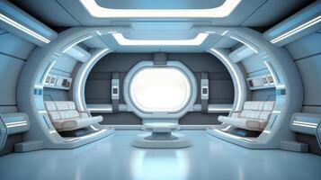 AI generated Futuristic spacecraft interior in a minimalist style. Concept of space travel, future technology, exploration, cosmic living, and Earth observation photo