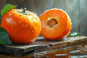 AI generated Freshly cut persimmon on rustic wooden table, focusing on juicy interior and glossy texture of fruit, with soft, natural light setting. Concept of healthy eating, fresh fruit, photo
