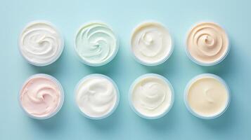 AI generated Variety of organic cosmetic creams for skin care in open jars on blue background. Top view. Concept of skincare variety, cosmetics assortment, and beauty product display photo