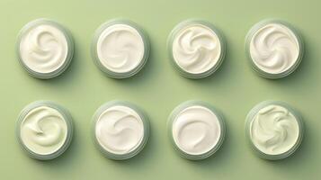 AI generated Variety of organic cosmetic creams for skin care in open jars on natural green background. Top view. Concept of skincare variety, cosmetics assortment, and beauty product display photo