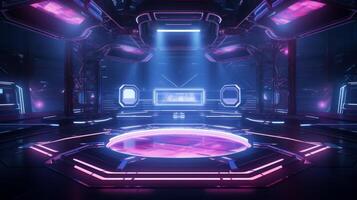 AI generated Modern futuristic concert stage with dynamic neon blue purple illumination. Modern Night Club. Concept of virtual reality events, futuristic concerts, and high tech stage design photo