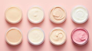 AI generated Variety of organic cosmetic creams for skin care in open jars on a pink background. Top view. Concept of skincare variety, cosmetics assortment, and beauty product display photo