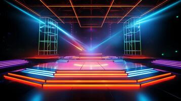 AI generated Modern futuristic concert stage with dynamic neon rainbow illumination. Modern Night Club. Concept of virtual reality events, futuristic concerts, and high tech stage design photo