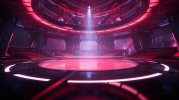 AI generated Modern futuristic concert stage with dynamic neon red illumination. Modern Night Club. Concept of virtual reality events, futuristic concerts, and high tech stage design. Vertical format. photo